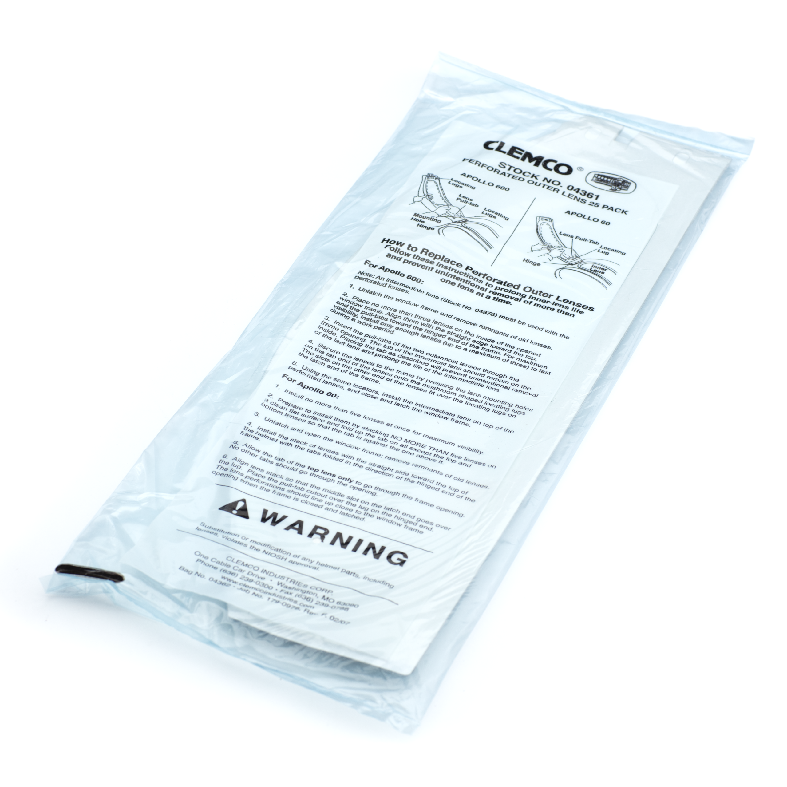 Tear-off Outer Lens for Apollo 60 or Apollo 600, .0075", 25/pk, Clemco Industries
